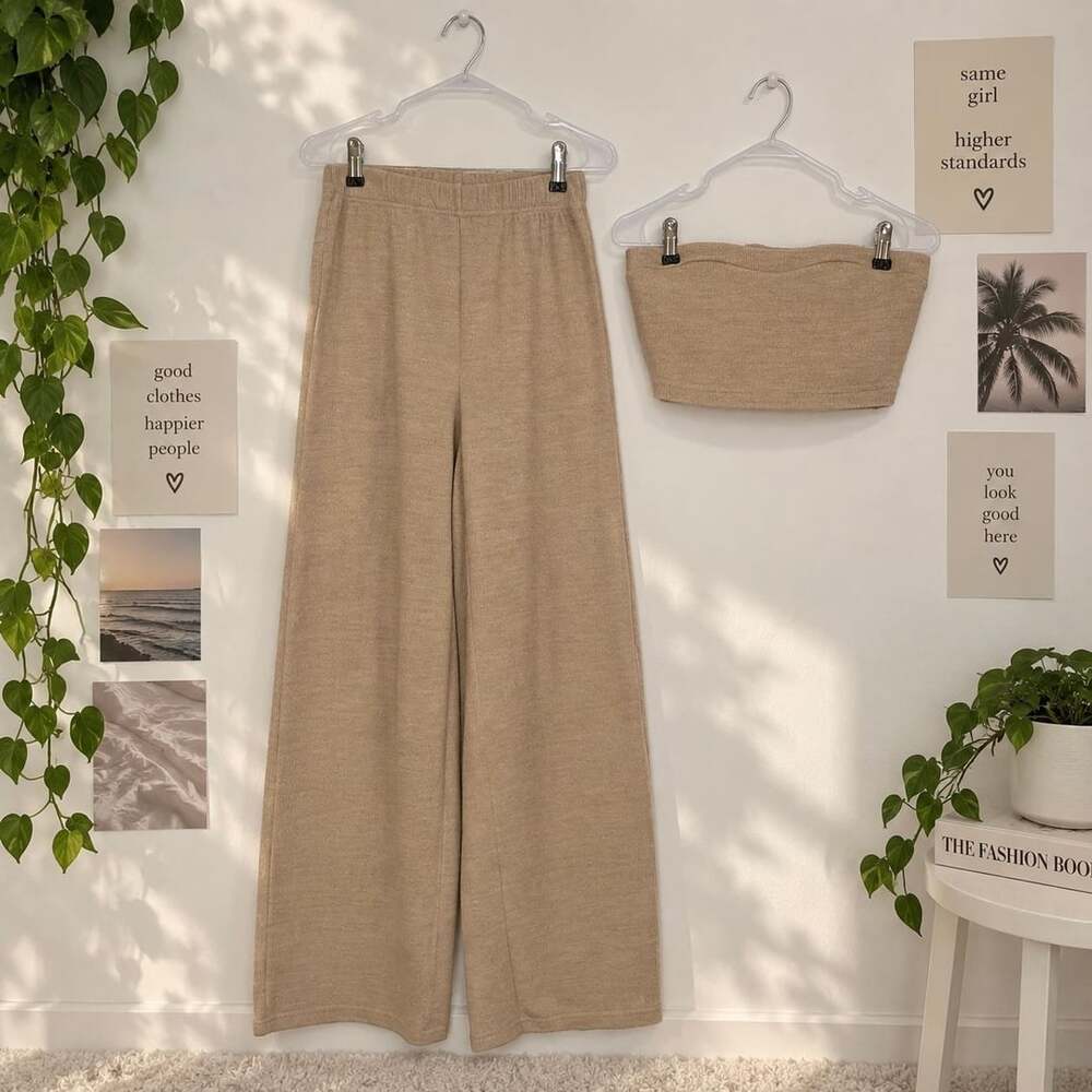 SHEIN Tan Knit Wide Leg Pants and Crop Top Set Size M